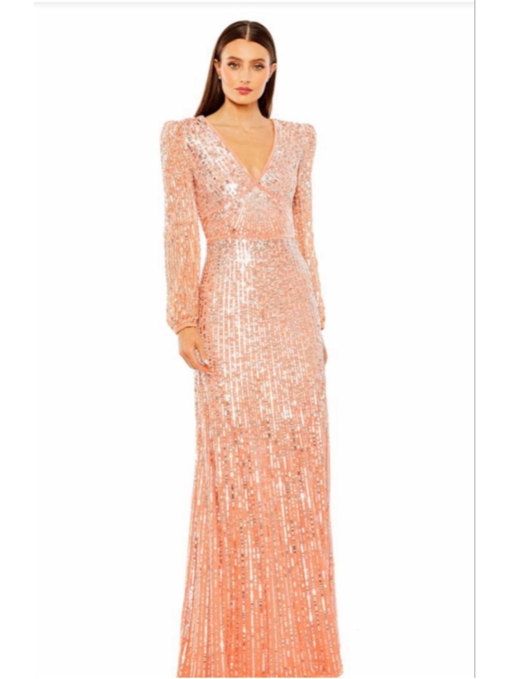 Women's Mac Duggal Peach Silver Sequin V-Neck Maxi Dress Size 4